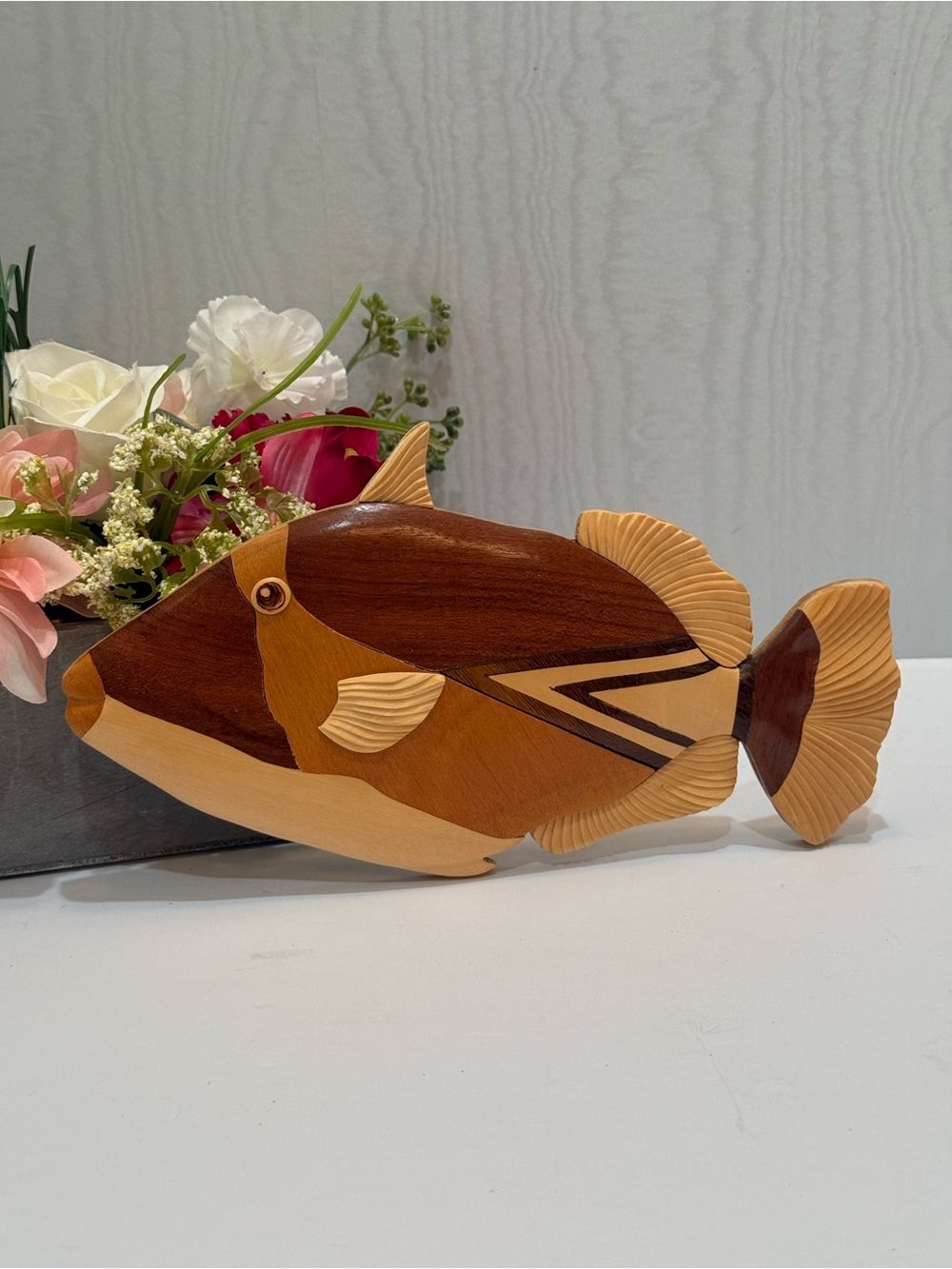 Vintage Handcrafted Wooden Intarsia Reef Triggerfish Hawaiian Wall Decor Art